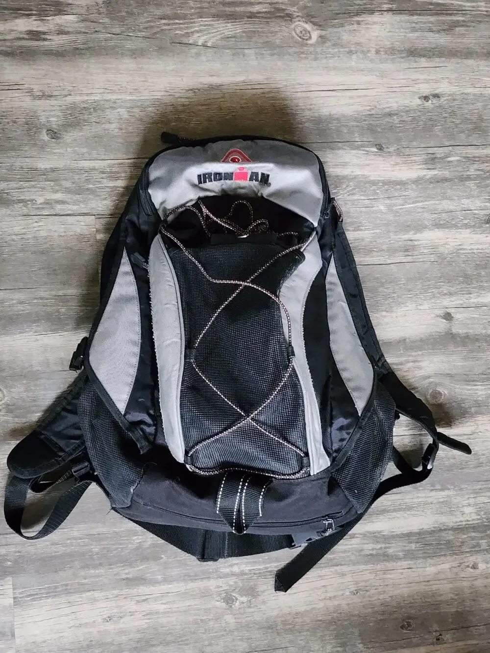 IRONMAN Black Gray Backpack Official Logo Design Athletic Gym Workout Bag Hiking